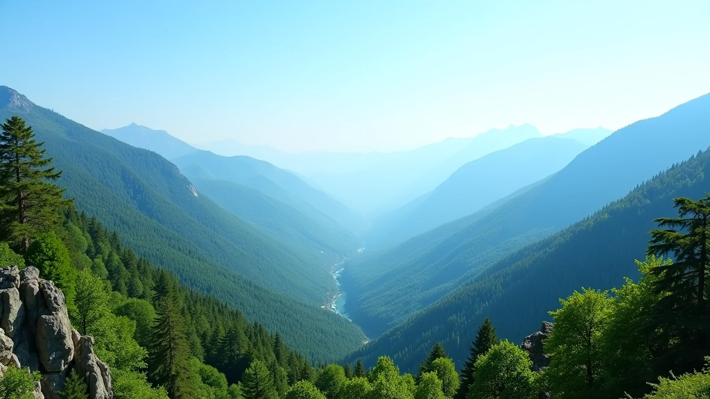 Panoraminis vaizdas iš kalno viršūnės, toli žemiau miškas ir lamai, giedra vasaros diena
