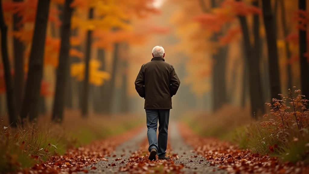 Senukas vaikšto miško takeliu rudenį, šalia medžiai su raudonomis ir oranžinėmis lapais